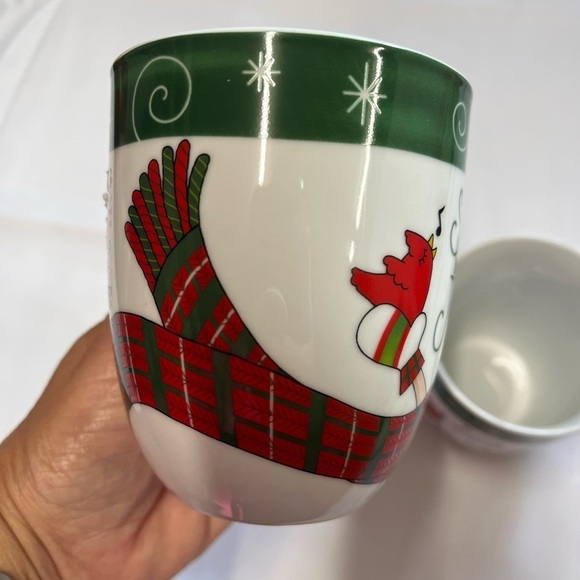 ❄️ 2 Mugs Fitz & Floyd 12oz Coffee Tea Cups Holly Hat Snowman Sing With Joy Mugs - Picture 6 of 8